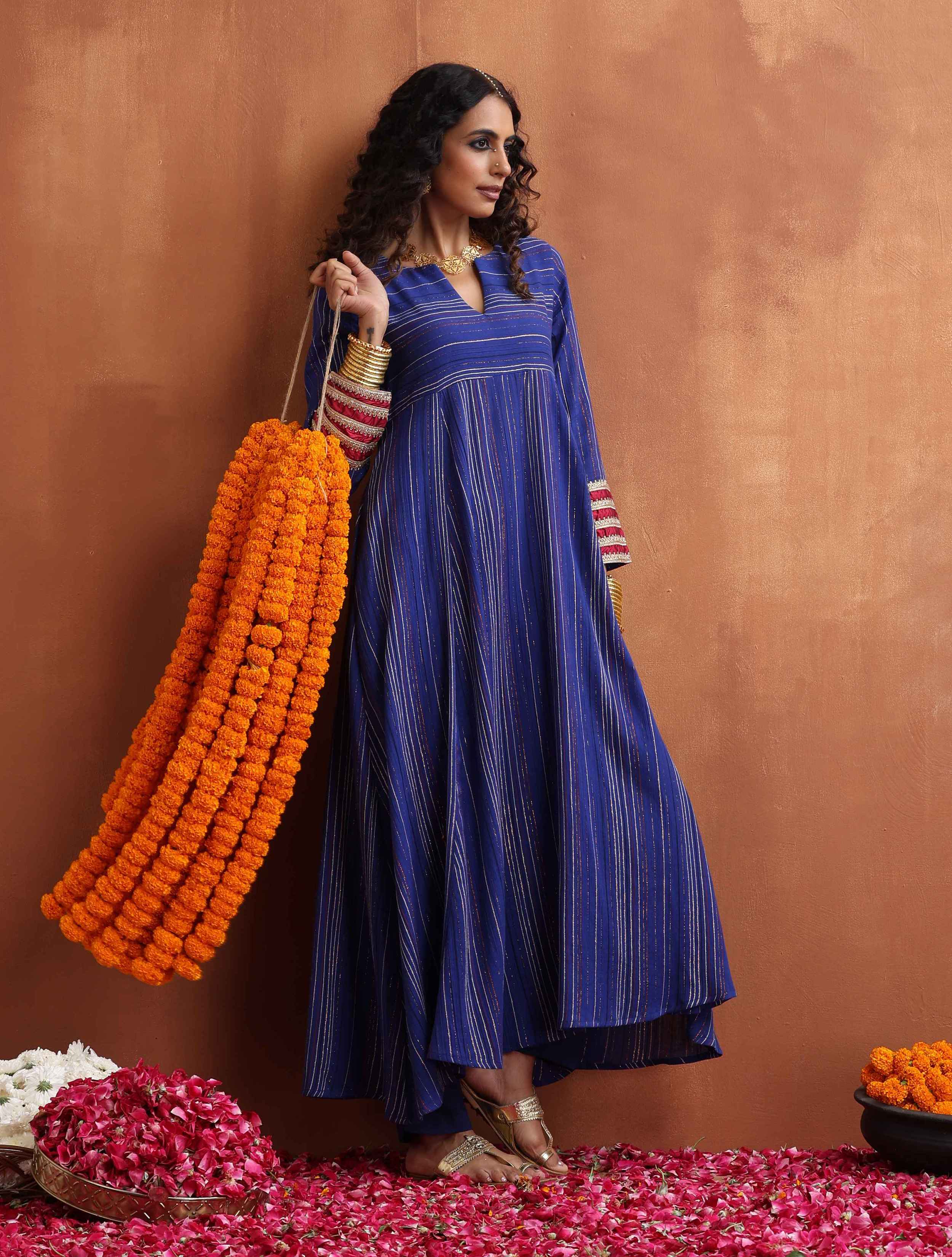 trueBrowns Blue Stripe Flared Anarkali Kurta Set | Grocsy