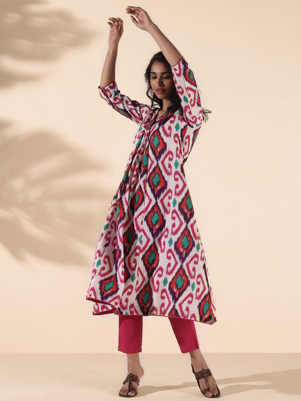 trueBrowns Pink Cotton Ikat Flared Kurta Pant Set | Grocsy