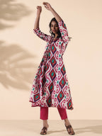 trueBrowns Pink Cotton Ikat Flared Kurta Pant Set | Grocsy