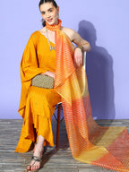 InWeave Women's Mustard Mirror Work One Shoulder Kurta Set With Dupatta | Grocsy