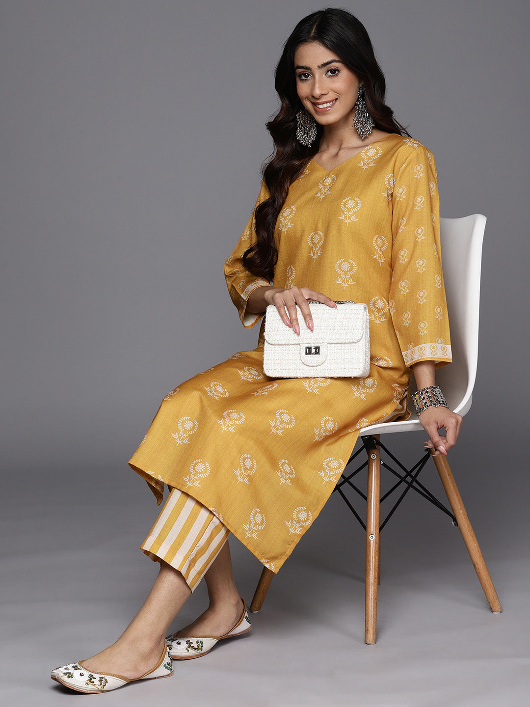 KSUT (House of Varanga) Mustard Digital Printed Kurta With V Neckline Paired With Straight Trouser | Grocsy