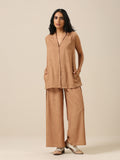 trueBrowns Beige Slub Texture Sleevesless Jacket Pant Set | Grocsy