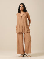 trueBrowns Beige Slub Texture Sleevesless Jacket Pant Set | Grocsy