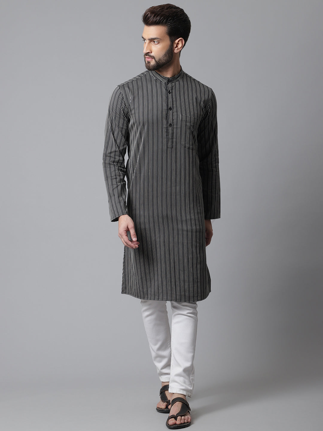 Even Apparels Black Pure Cotton Kurta With Band Collar | Grocsy