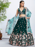 House of Panchhi Teal Pure Georgette Sequins And Thread Embroidery Lehenga Choli & Dupatta | Grocsy