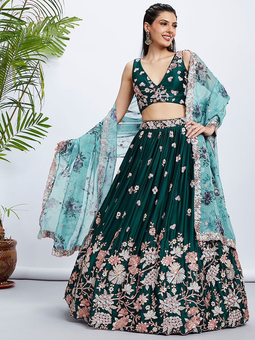 House of Panchhi Teal Pure Georgette Sequins And Thread Embroidery Lehenga Choli & Dupatta | Grocsy