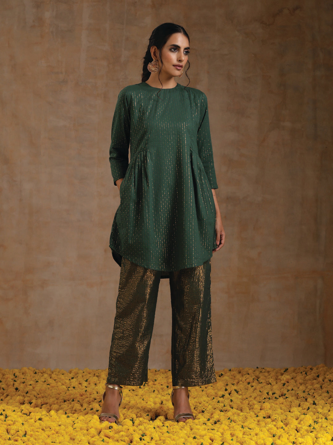 trueBrowns Dark Green Gold Cotton Side Gather Co-Ord Set | Grocsy