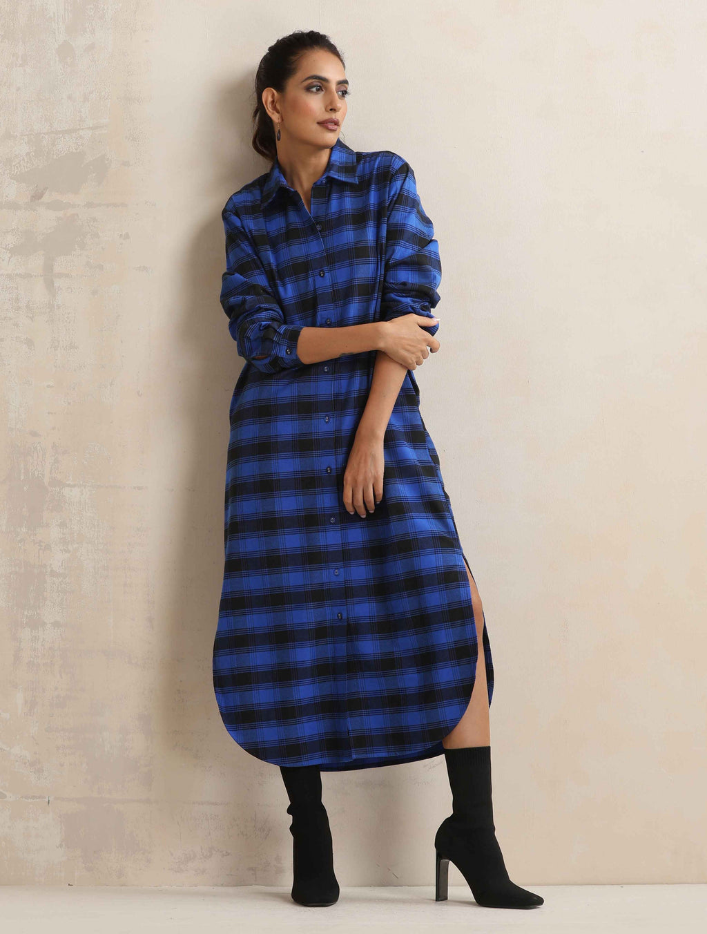 trueBrowns Blue Check Winter Shirt Dress | Grocsy