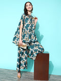 InWeave Women's Teal Bird Motif Tiered Kaftan Style Kurta Set | Grocsy