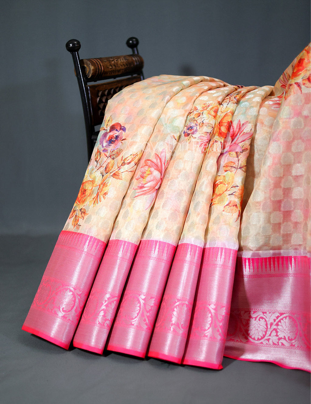 Shades of Cream Colour Floral Design Banaras Semi Silk Saree By Gayathri Reddy Designer Studio | Grocsy