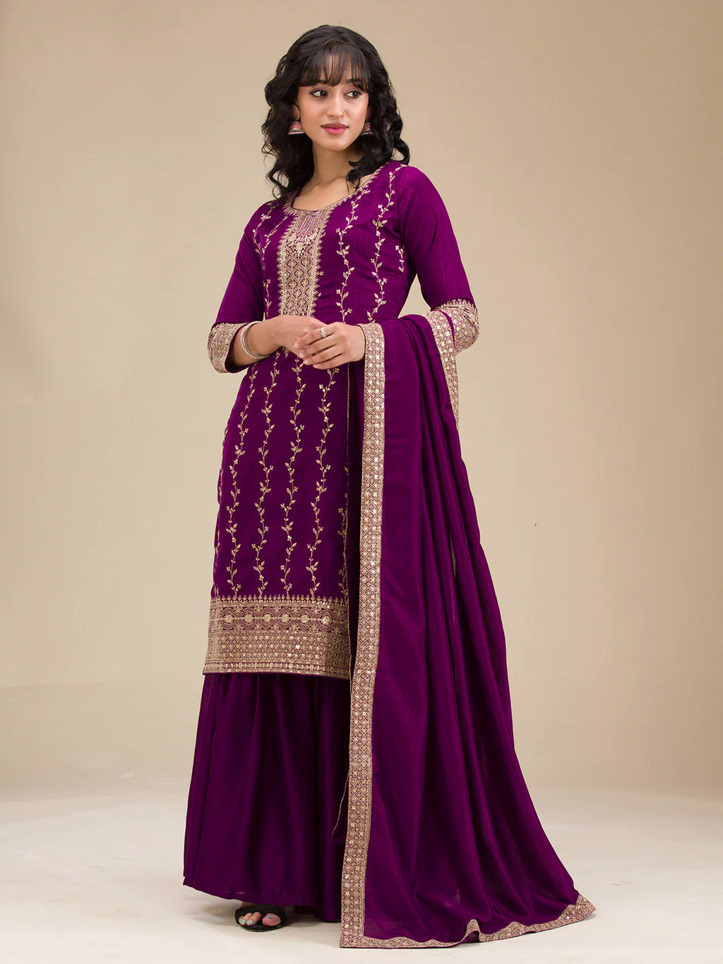 The52 Beautiful Embroidered Vichitra Silk Fabric Straight Kurta, Palazzo and Dupatta Set | Grocsy