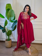 The52 Women's Gorgeous Vichitra Silk Embroidery Flared Kurta with Palazzo And Dupatta Set | Grocsy