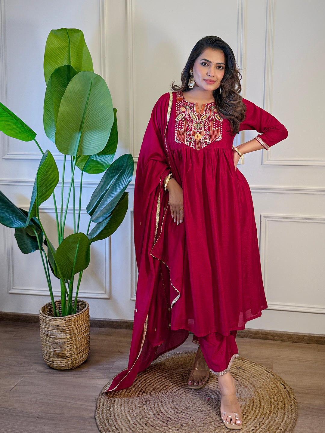 The52 Women's Gorgeous Vichitra Silk Embroidery Flared Kurta with Palazzo And Dupatta Set | Grocsy