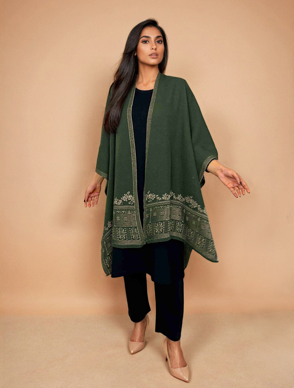 trueBrowns Green Woollen Kaftan Cape | Grocsy