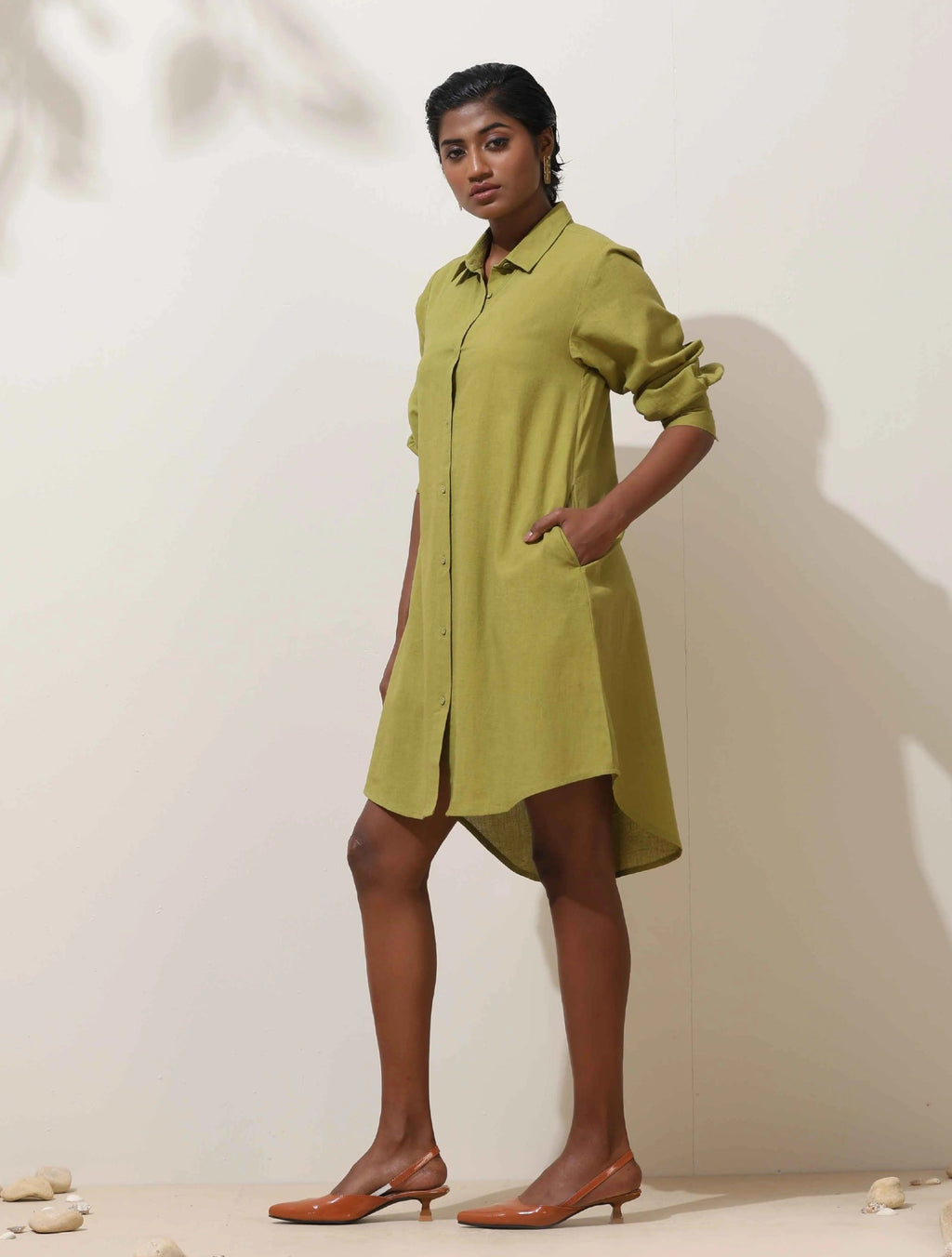 trueBrowns Pear Green Cotton Linen Dress | Grocsy