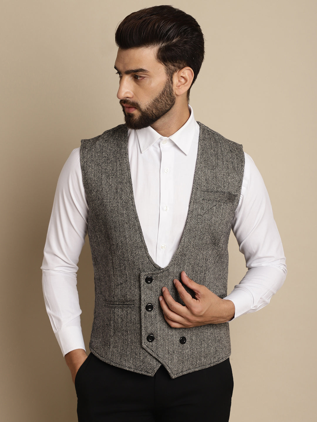 Even Apparels Men's Grey Woolen Double Breast Waistcoat | Grocsy