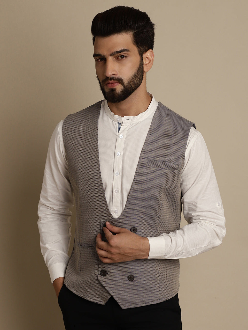 Even Apparels Men's Grey Double Breast Waistcoat | Grocsy