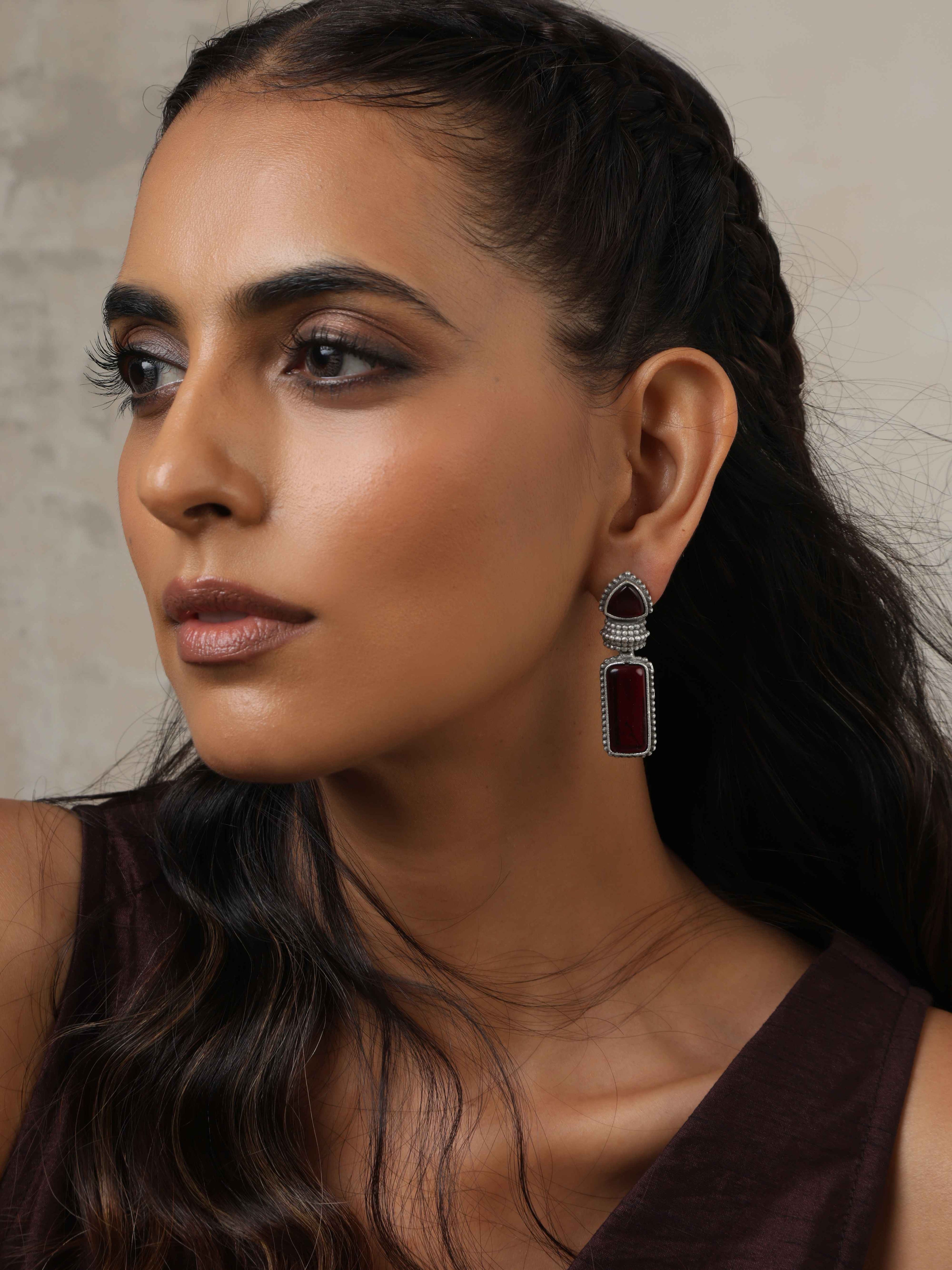 trueBrowns Silver tone Red Stone Drop Earrings - Swadesiicart