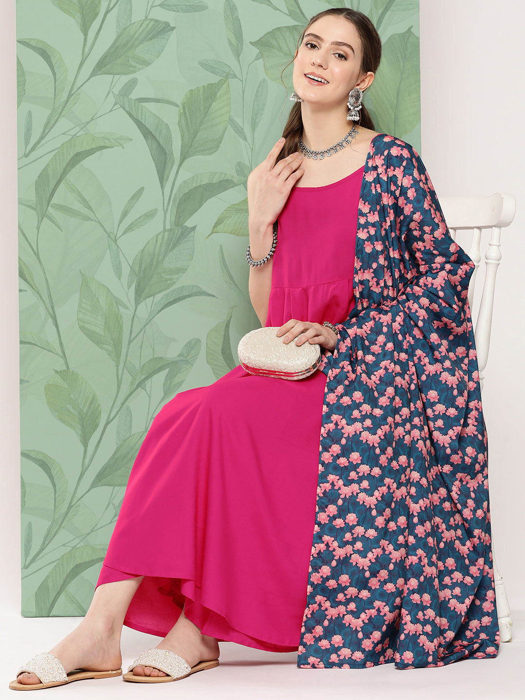 InWeave Women's Fuchsia Strappy Set W Navy Pink Lotus Cr Duptta | Grocsy