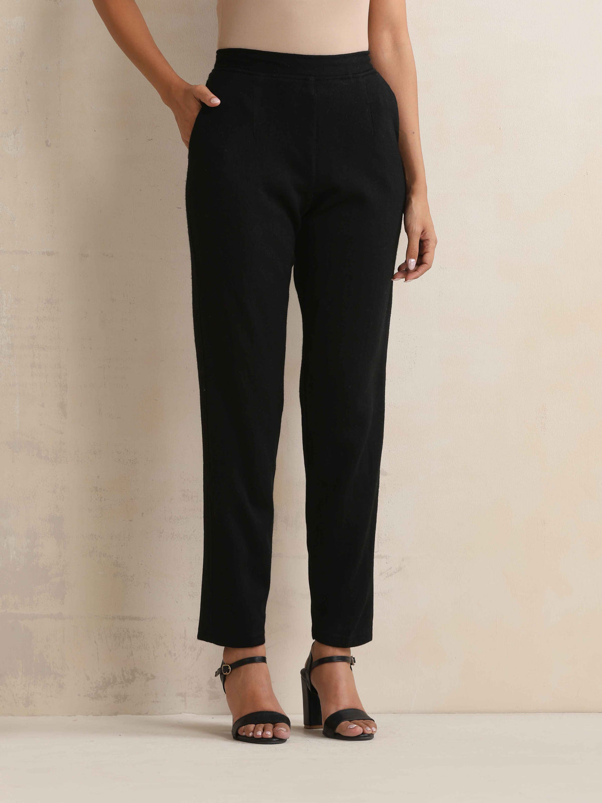 trueBrowns Black Woollen Pants | Grocsy