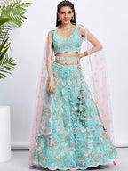 House of Panchhi Turquoise Blue Chiffon Sequins And Thread Embroidery Lehenga Choli & Printed Dupatta | Grocsy
