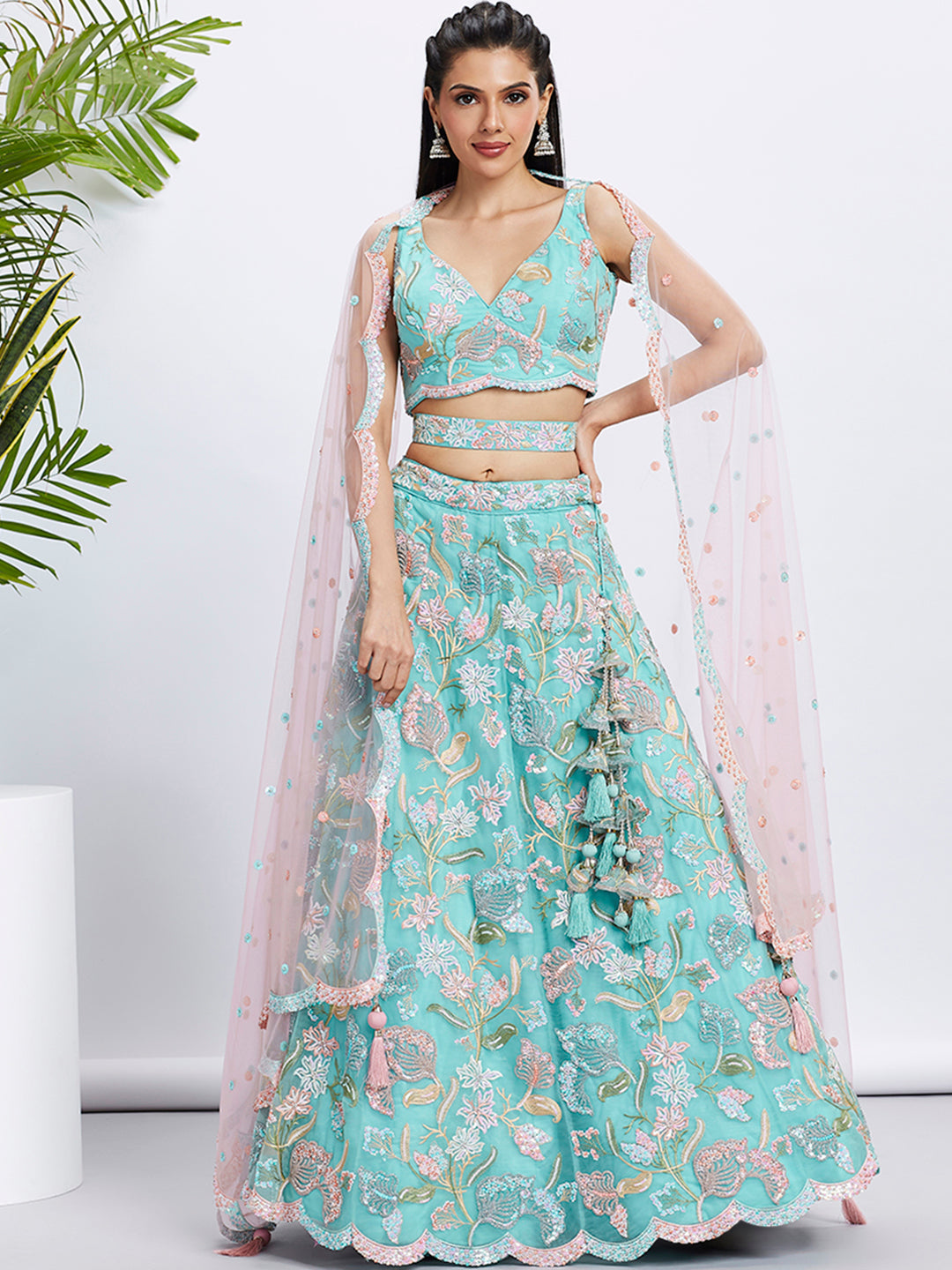 House of Panchhi Turquoise Blue Chiffon Sequins And Thread Embroidery Lehenga Choli & Printed Dupatta | Grocsy