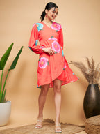 InWeave Women's Dark Orange Pink Blue Flower Belted Dress | Grocsy