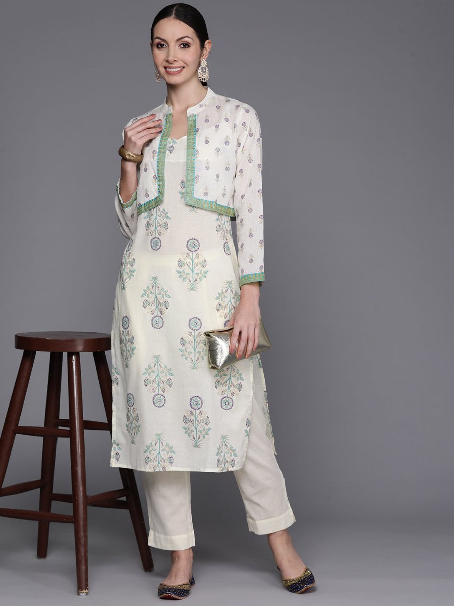 Ahalyaa Floral Printed Regular Pure Cotton Kurta with Trousers & Jacket | Grocsy