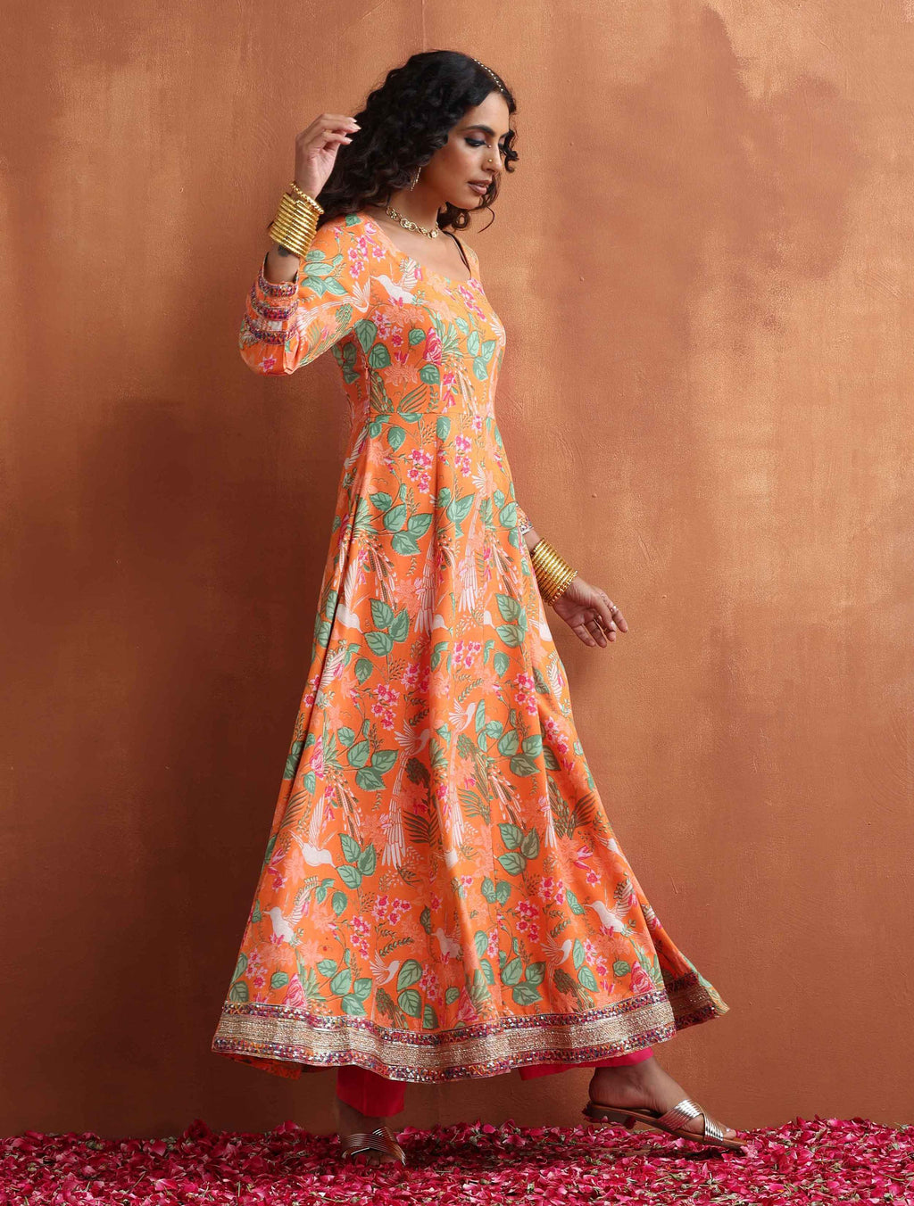 trueBrowns Orange Print Flared Anarkali Kurta Set | Grocsy