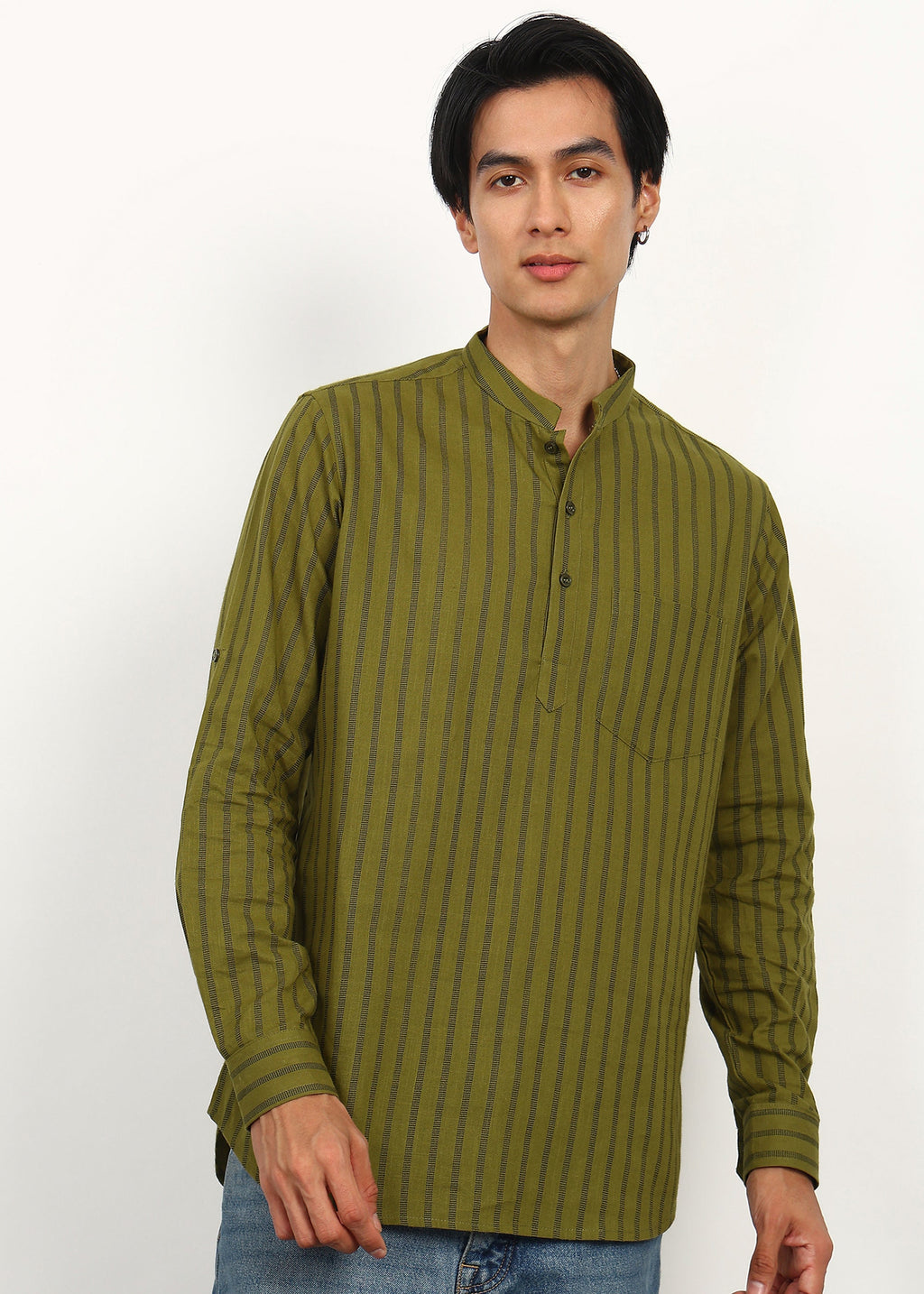 Fabmade Olive Stripe Linen Kurta | Grocsy