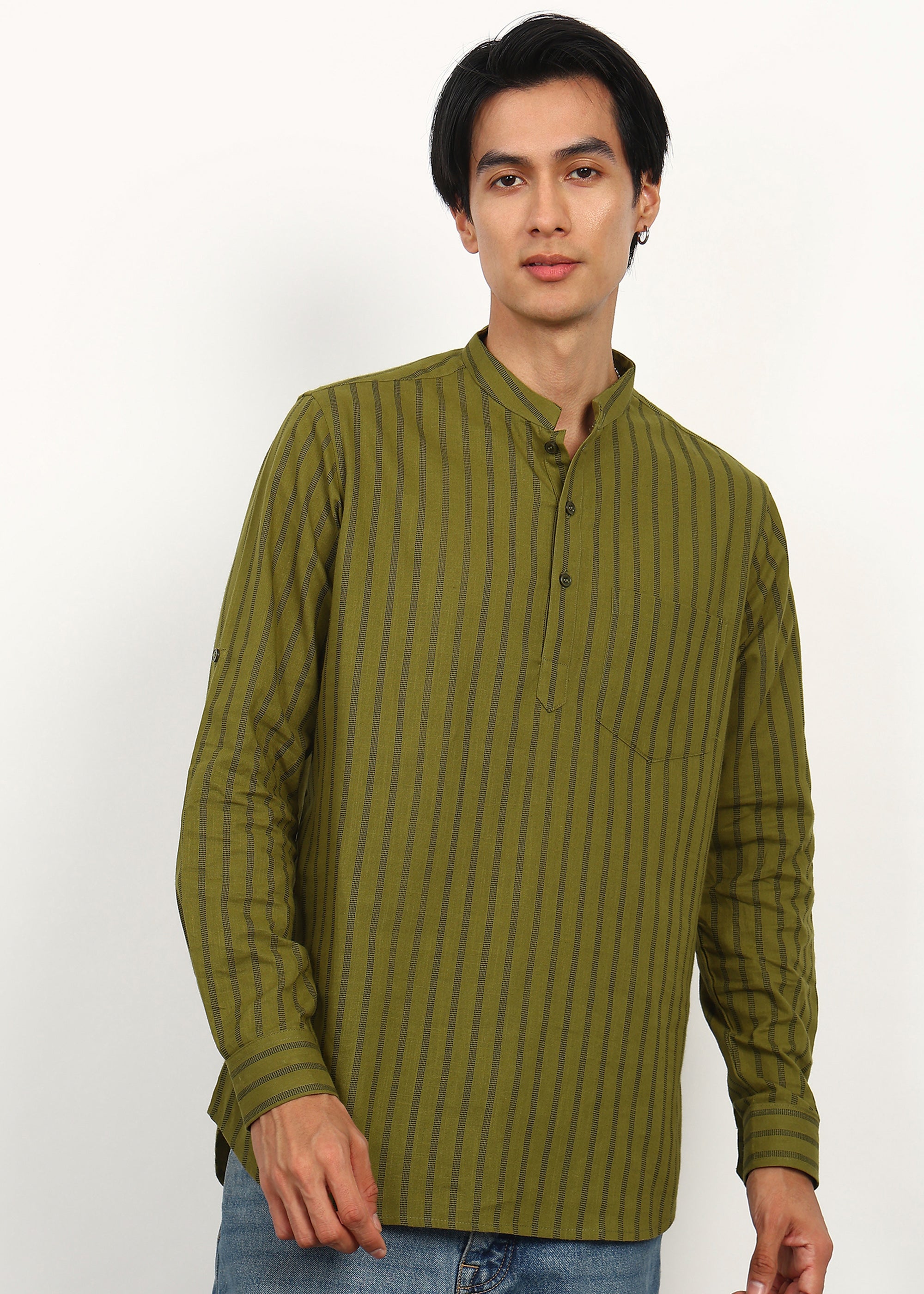 Fabmade Olive Stripe Linen Kurta | Grocsy