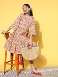 InWeave Women's Pink Boota Print Belted Dress | Grocsy
