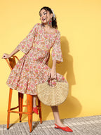 InWeave Women's Pink Boota Print Belted Dress | Grocsy
