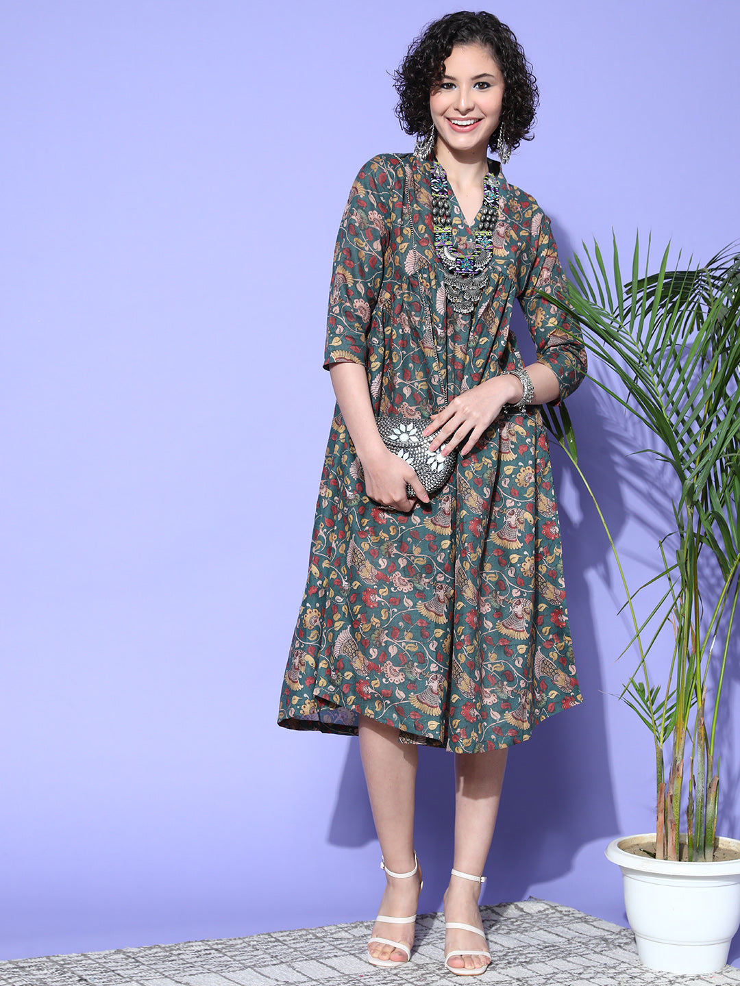 InWeave Women's Green Jaal Print Dress | Grocsy