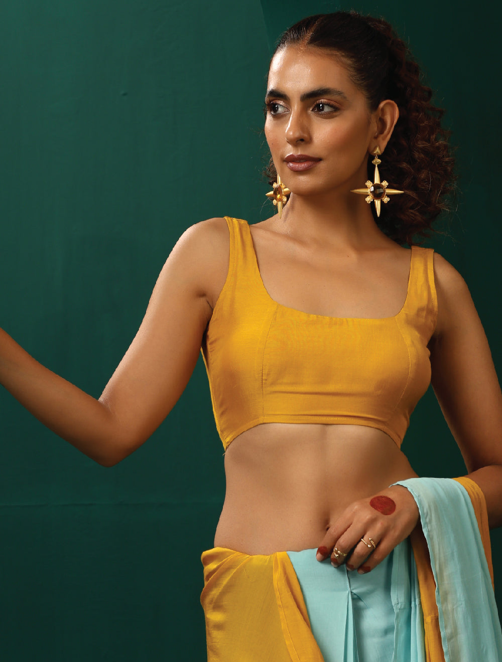 trueBrowns Mustard Muslin Silk Scoop Neck Sleeveless Blouse | Grocsy