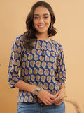 InWeave Women's Ink Blue Small Paisley Kalamkari Top | Grocsy