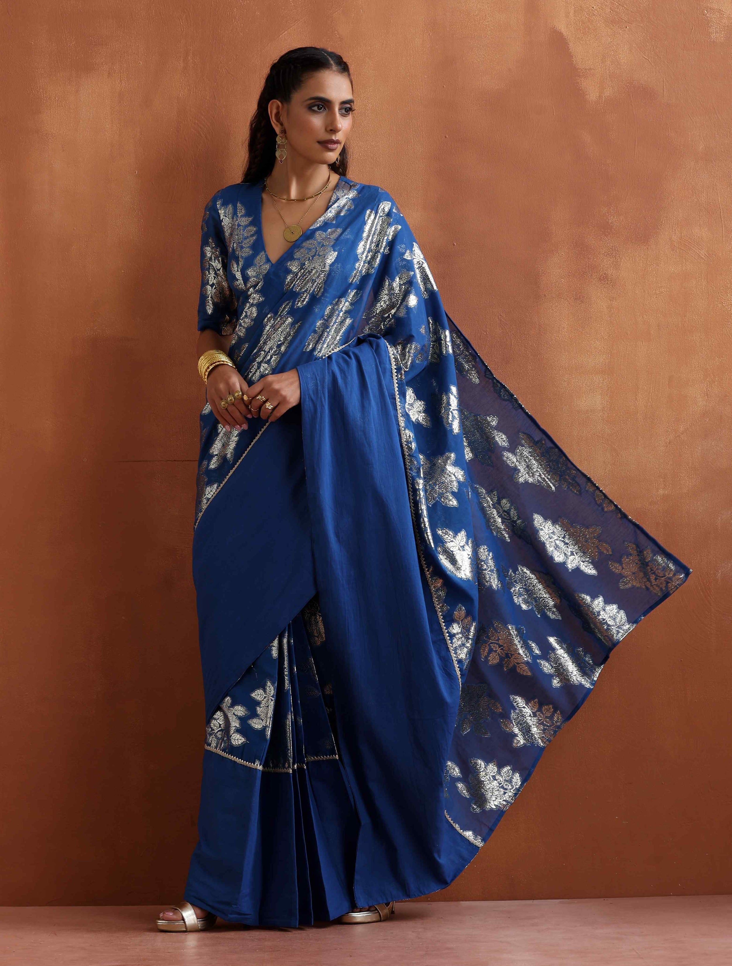 trueBrowns Blue Metallic Ready To Wear Saree | Grocsy