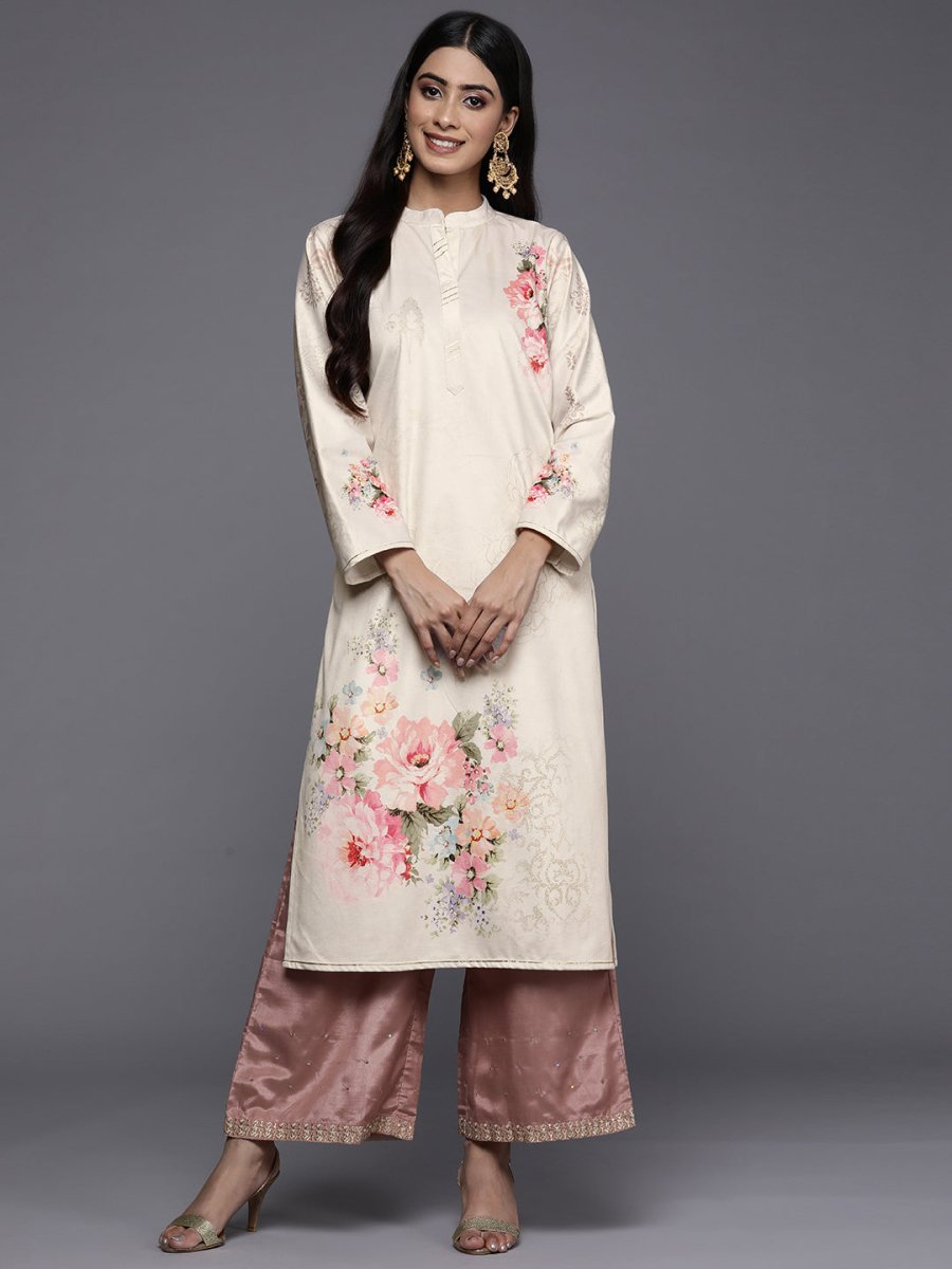 Ahalyaa Women Cream-Coloured & Pink Floral Printed Gotta Patti Floral Velvet Kurta | Grocsy