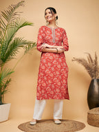 InWeave Women's Rust Paisley Print Gota Straight Kurta Pant Set | Grocsy