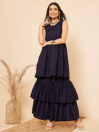 InWeave Women's Navy Blue Lace Work Double Layer Sharara Set | Grocsy