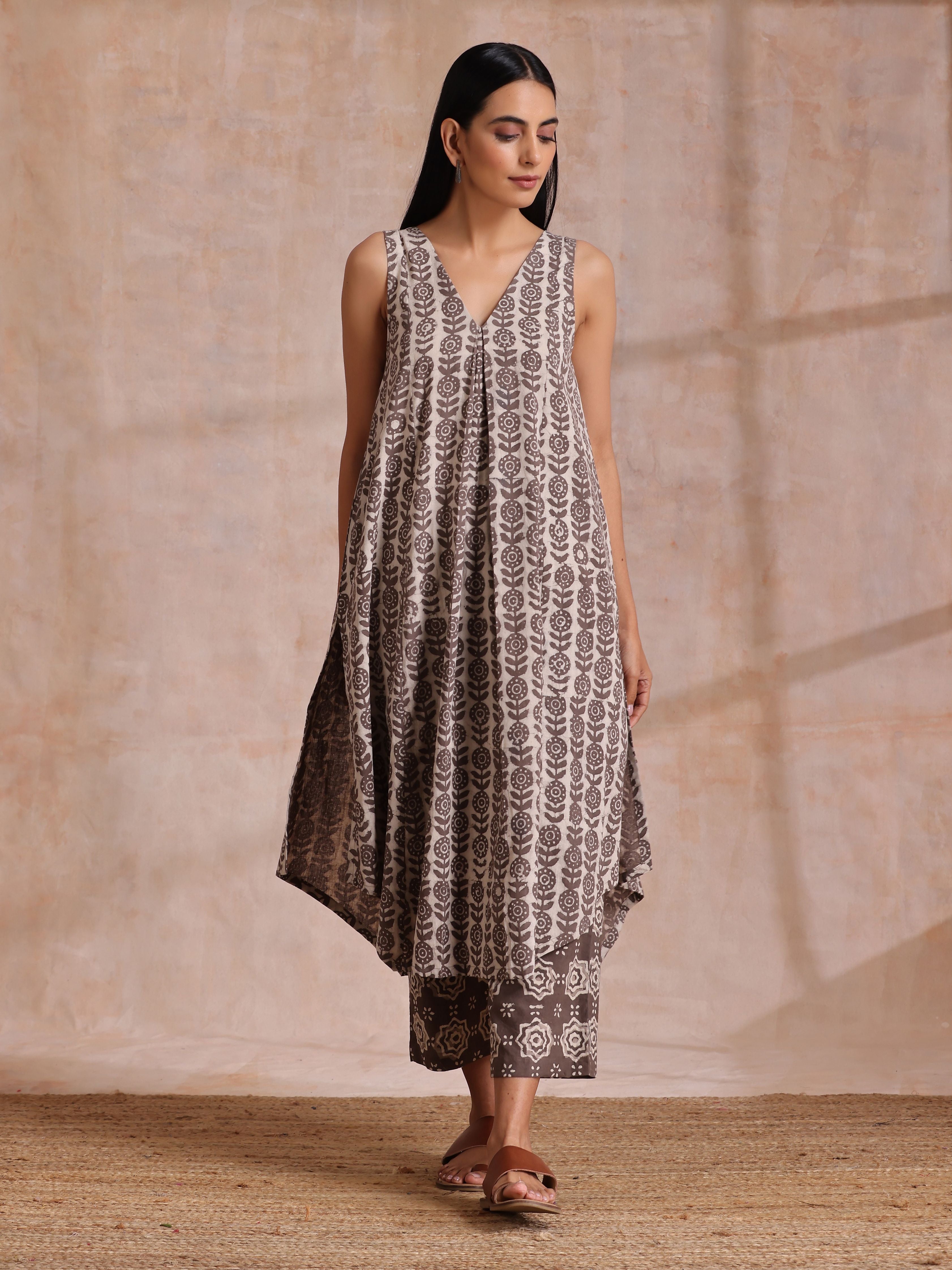 trueBrowns Clay Dabu Buta Print Cotton Sleeveless Flared Kurta Pant Set | Grocsy