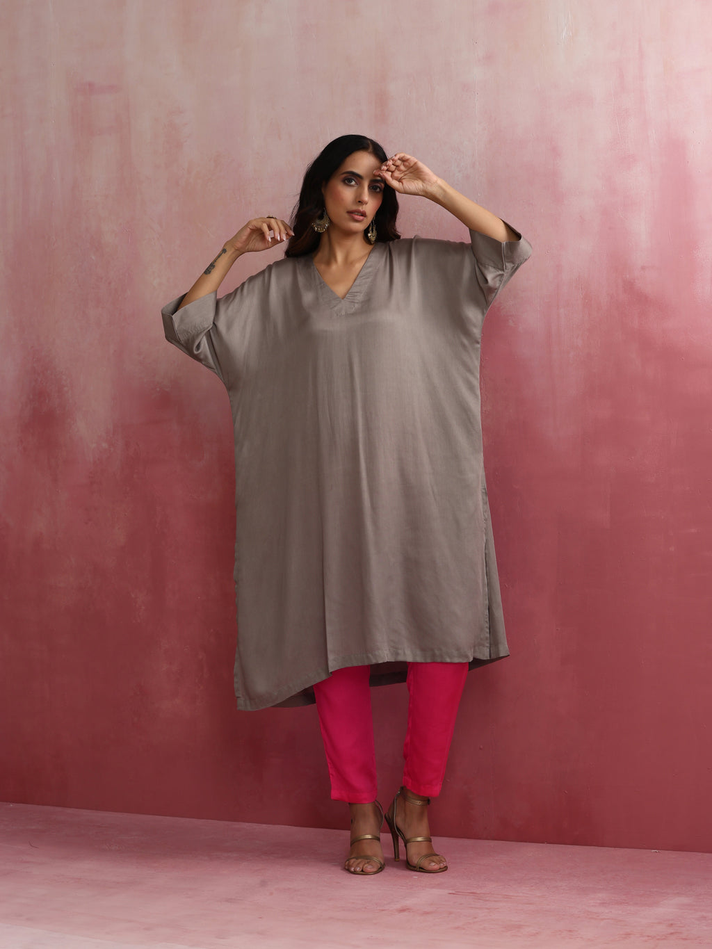 trueBrowns Grey Modal Kimono Kurta Set | Grocsy