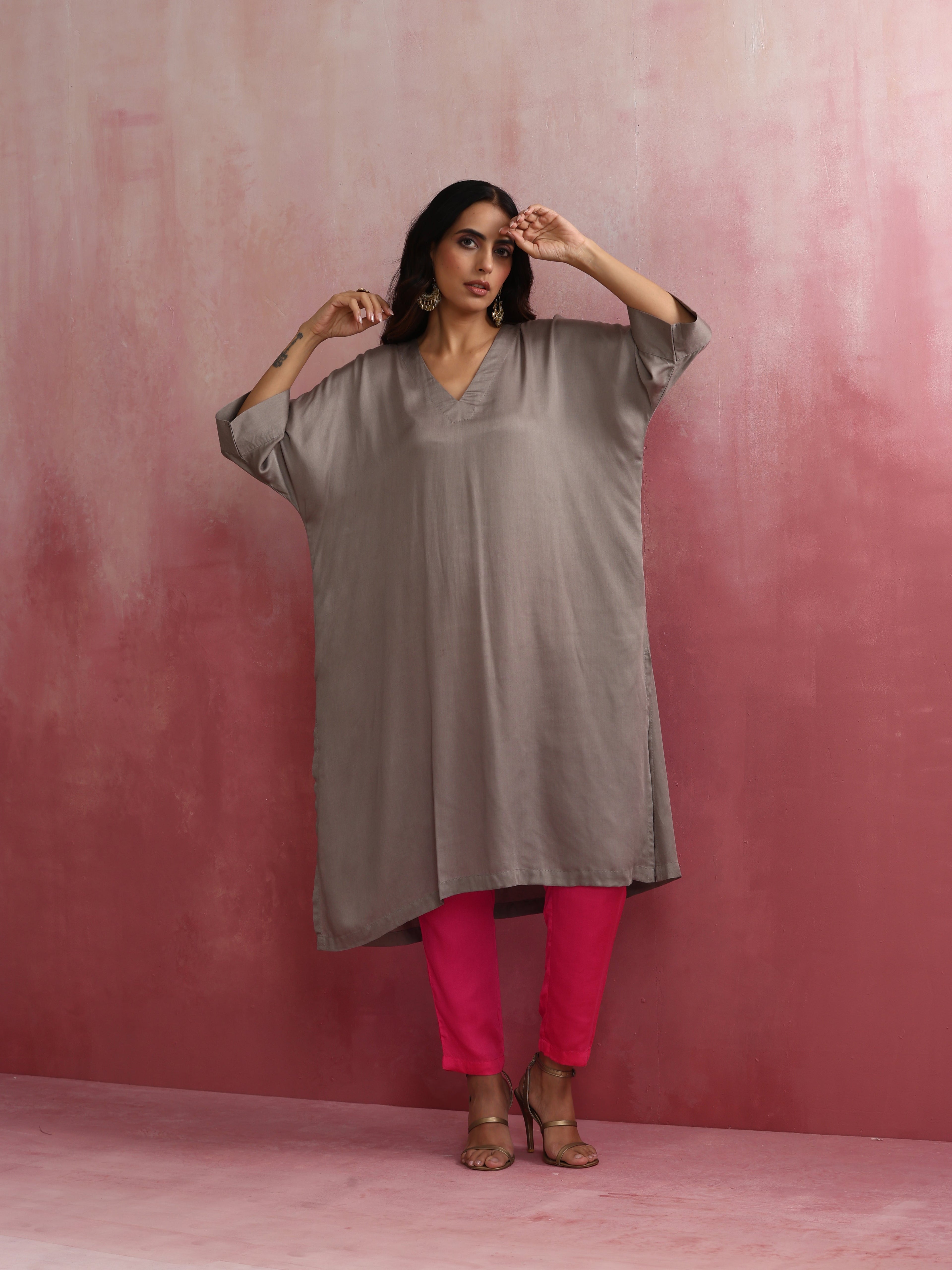 trueBrowns Grey Modal Kimono Kurta Set | Grocsy