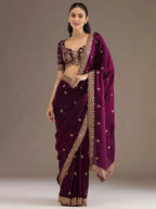 Tulsi Art Stunning Wine Embroidered Silk Reception Wear Saree With Blouse | Grocsy
