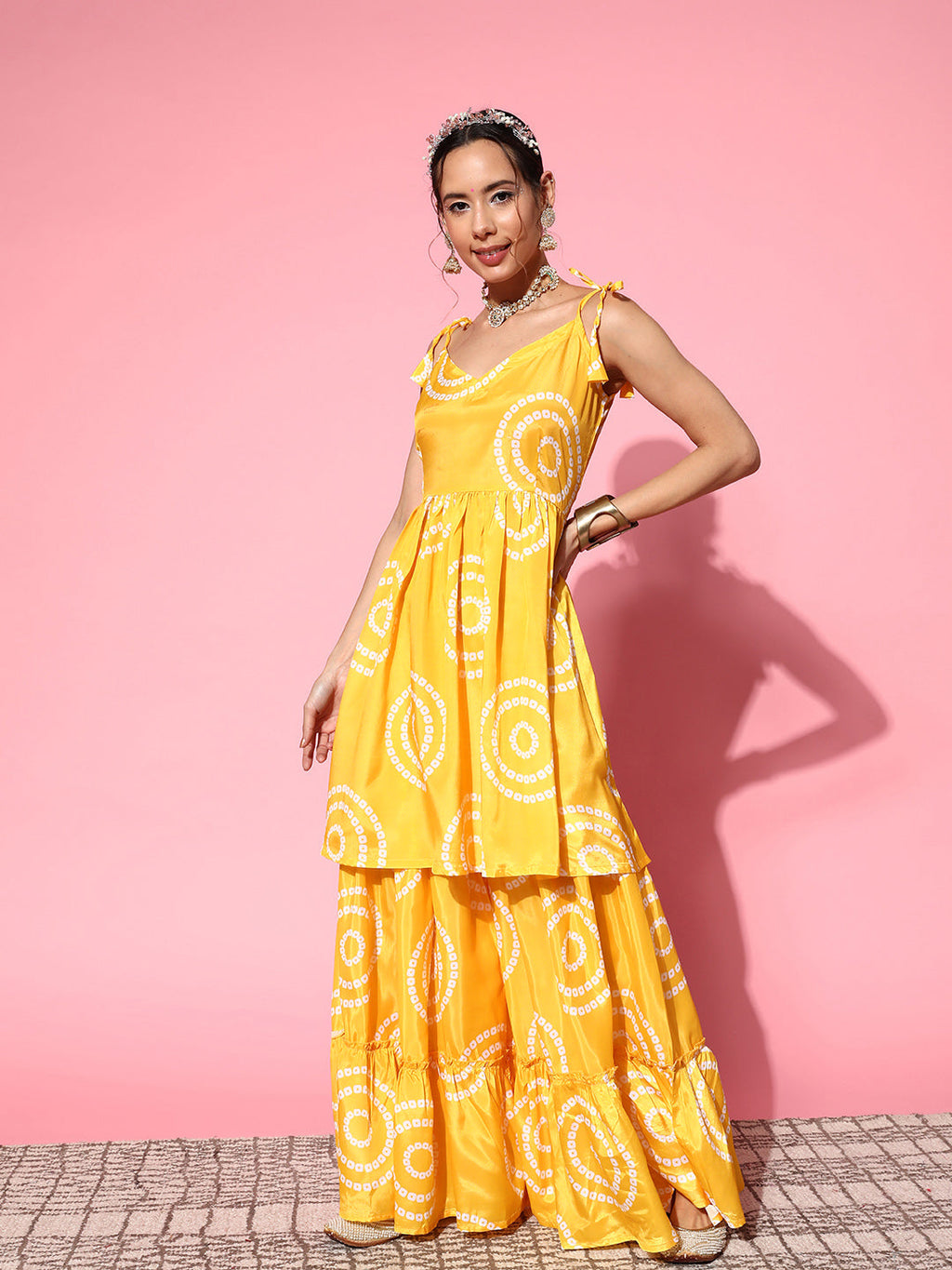 InWeave Women's Yellow Bandhani Motif Shoulder Tie Up Kurta Set | Grocsy
