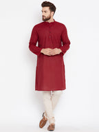 Even Apparels Maroon Pure Cotton Kurta With Band Collar | Grocsy