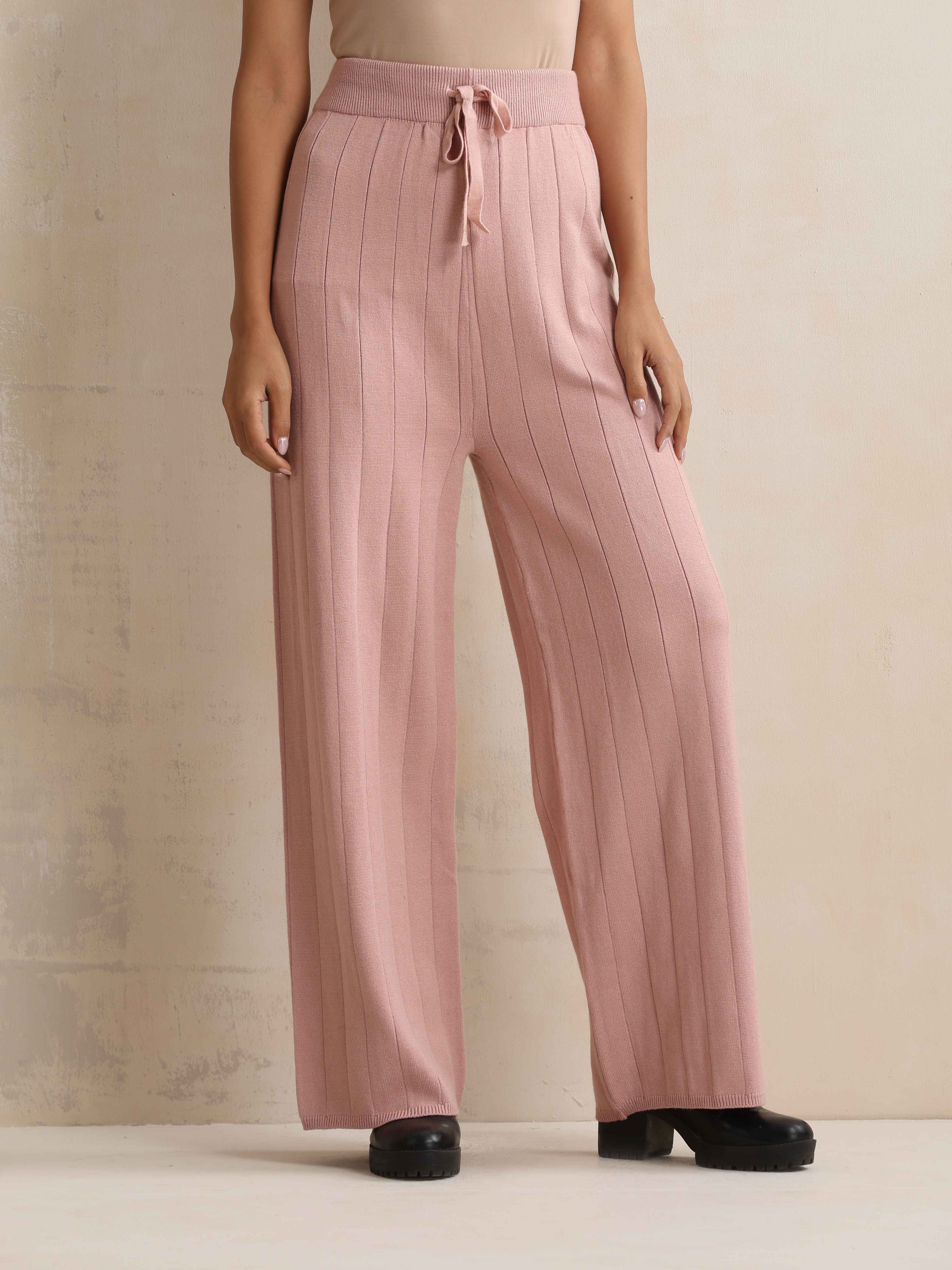 trueBrowns Pink Woollen Flared Pants | Grocsy