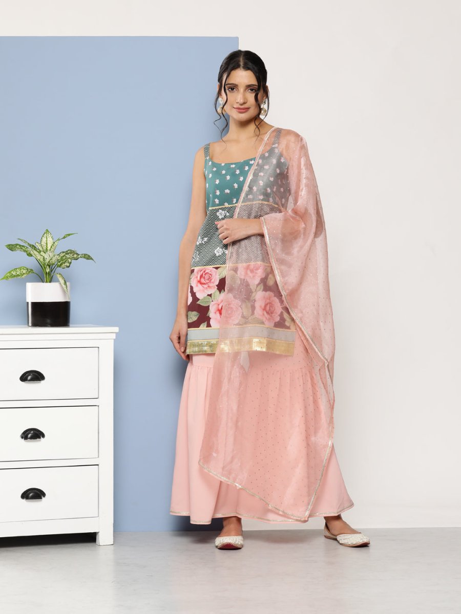 Ahalyaa Women Green Floral Printed Gotta Patti Kurta with Sharara & With Dupatta | Grocsy