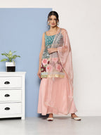 Ahalyaa Women Green Floral Printed Gotta Patti Kurta with Sharara & With Dupatta | Grocsy