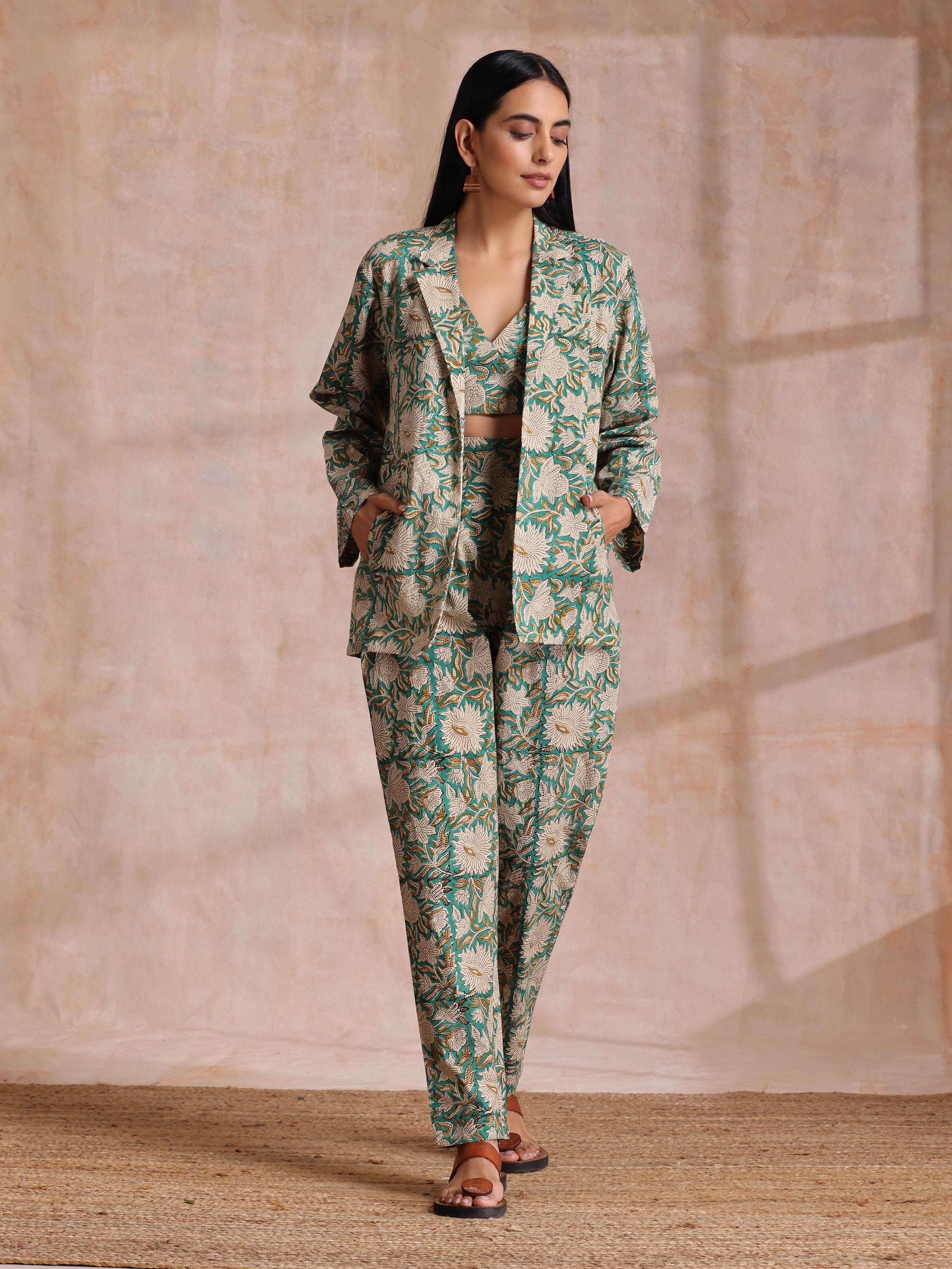 trueBrowns Fern Green Overall Floral Block Print Cotton Pant Suit Set | Grocsy